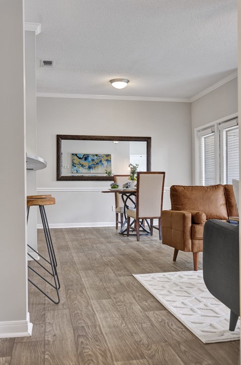 A living room with a brown leather chair and a white rug.